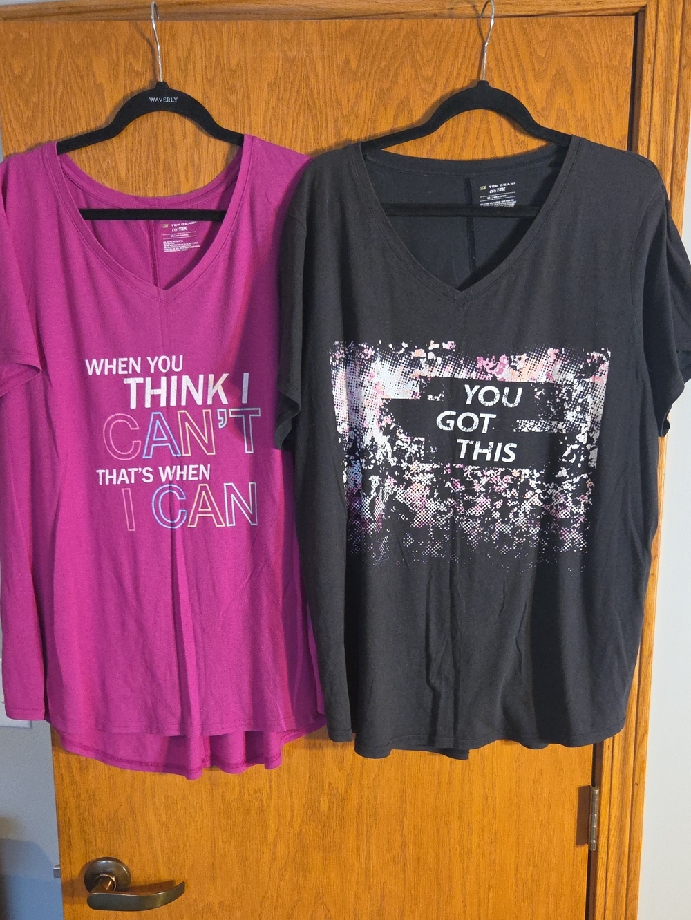 2 Women’s V-Neck Graphic Tees - Pink And Black,  Both 2x And Both Tek Gear